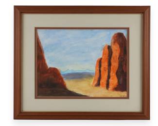 Framed Watercolor Desert Landscape Painting, Signed