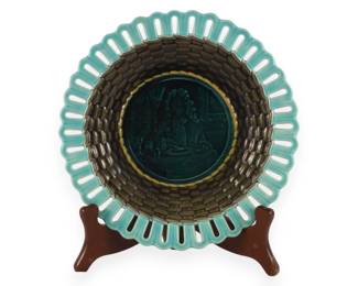Wedgwood Majolica Reticulated Basketweave Plate with Embossed Scene