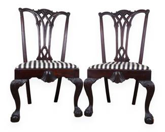 A Pair of Colonial Revival Chippendale Style Carved Mahogany Side Chairs