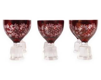 A Set of Six Bohemian Czech Ruby Red Cut to Clear Hock Wine Glasses with Stag Motif