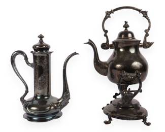 A Pair of Silver-Plated Coffee Pot and Tilting Kettle on Stand, one marked EXA Silver Co., the other Made in India