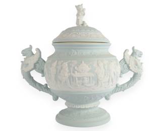 Neoclassical-Style Bisque Ceramic Punch Bowl, with Figural Relief and Griffin Handles