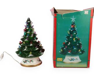 OLD TOWN® Vintage-Style Illuminated Flocked Green Ceramic Christmas Tree