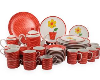 A Collection of Fitz and Floyd 'Red Dotted Swiss' Dinnerware and Tea/Coffee Service