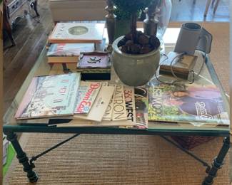 Glass top table with metal base