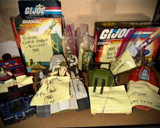 there are many gi joes. some w file cards. all original accessories. etc. there will also be he man and transformers available.