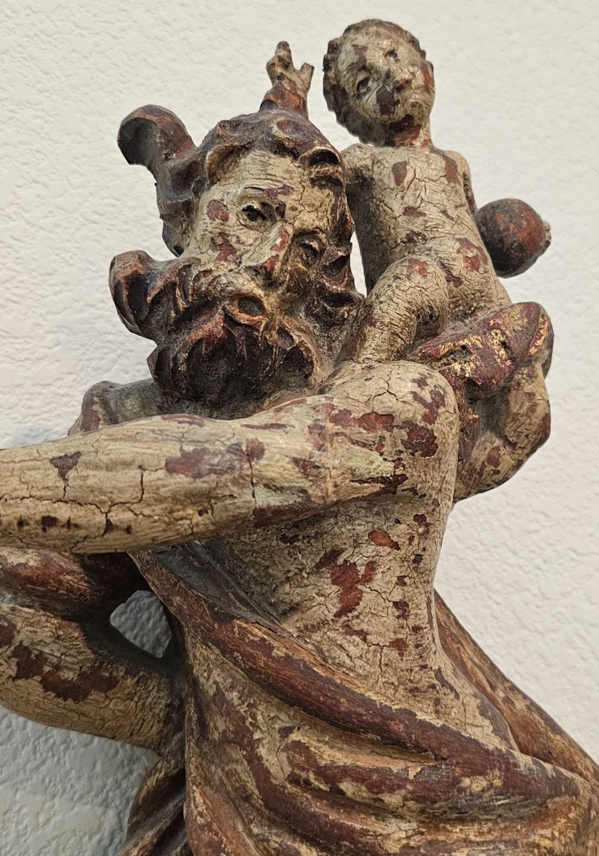 18th century Saint Christopher polychrome wood carving