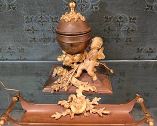 19th century French Inkwell and Pen stand gilded putto/ cherub