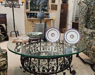 Wrought iron table 19th century ornament iron with modern glass top