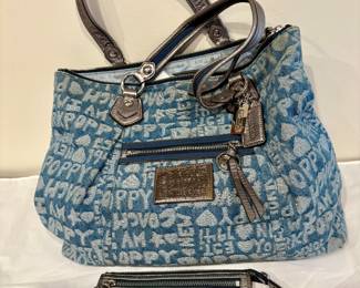 Coach Poppy 16988 Signature Denim Blue Wordblock Glam tote and coin purse