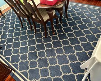 I just realized today….this rug in the dining room is an INDOOR/OUTDOOR rug…”sweep, vacuum, or rinse with a hose” are the instructions! 9’x12’, like new!
