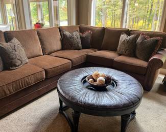 King Hickory Brown Fabric & Leather L-shaped Sofa.  Leather Massoud Ottoman