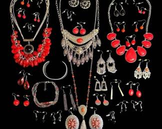 Red And Silver Toned Necklaces And Earrings