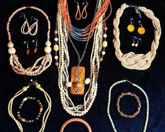 Leather And Wooden Beaded Necklaces, Bracelets, Earrings