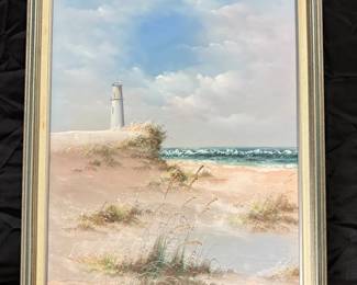 41x29 Framed Lighthouse Oil Painting Signed By Artist