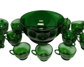 Green Glass Punch Bowl Set