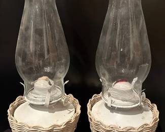 To Vintage Oil Hurricane Lamps In White Wicker Bases