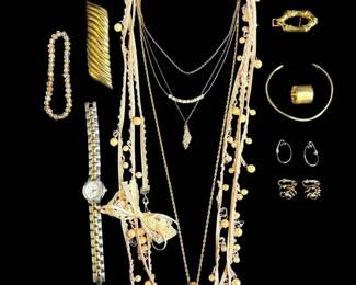 Pastel Pink And Gold Toned Jewelry Including One Dainty Sterling Necklace