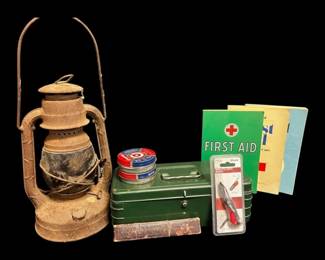 Vintage Survival Kit Items Lantern, First Aid Books, Pocket Knife,  More