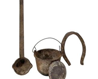 Cast Iron Pot Of Lead, Horseshoe, And Ladle