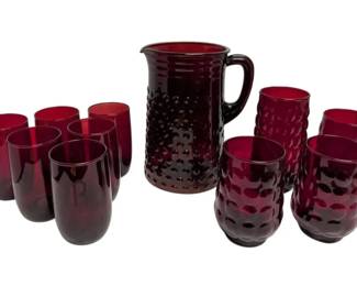 Anchor Hocking Royal Ruby Red Bubble Glasses, Pitcher More
