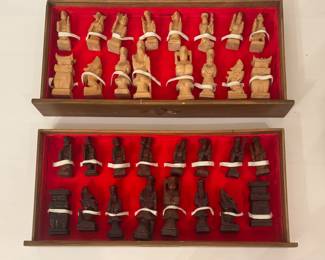 Vintage Asian Wood Carved Chess Set