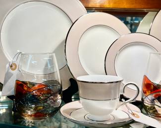 Lenox Federal Platinum Frost china - 8 five piece place settings.  Sagrada Stemless Wine Glasses - set of 4