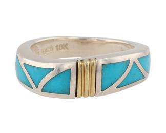 Eric Grossbardt Sterling & 18K Gold Turquoise Inlay Ring Sz 6