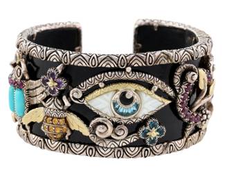 RARE Barbara Bixby Sterling & 18K Gold Multi Gemstone Egyptian Cuff Bracelet
