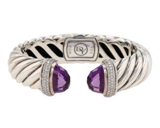 David Yurman Sterling Diamond Amethyst Waverly Cuff Bracelet
