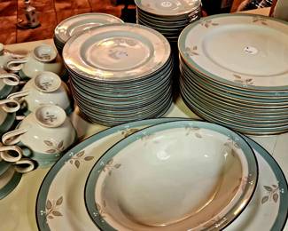 RARE Haviland Charmoy china pattern. Complete 12 place settings with extra salad/dessert plates, saucer and cup.
Dinner plate, bread plate, salad plate, cup, and saucer.
Large serving platter and oval bowl. Prefer to sell as a complete set.