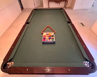 Peter Vitale Pool table with classic designed legs and leather netted pockets! balls and cue sticks. CASH ONLY SALE