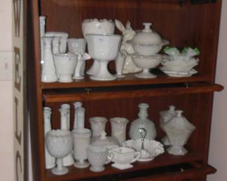 milk glass and cabinet
