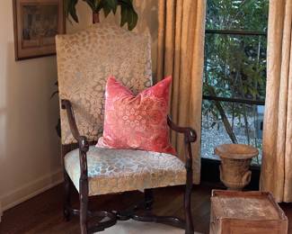 Scalamandre upholstered arm chair. One of a pair.