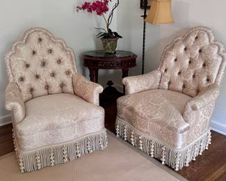 Upholstered club chairs w Scalamandre trim