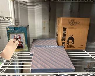 4102  Porcelain Figure, 3 Christmas Dessert Plates, Pampered Chef Ice Shaver 