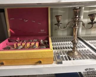 4508  Rogers Bros Stainless Steel Silverware Set, Las Vegas Collectors Spoon Sterling Silver Weighted Candle Holder 