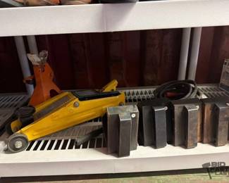 6518  Floor Jack, Jack Stand, Jumper Cables, 4 Chock Blocks 