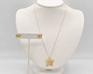 710 14k Gold Butterfly Necklace Earrings, 3.7g