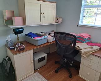 NICE HOME OFFICE SETUP, OFFICE CHAIR, SAFE, DESK LAMP, CLOTHING