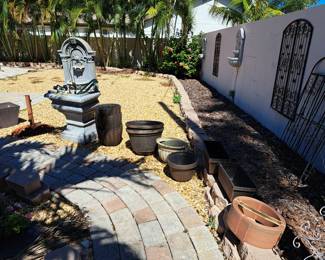 FLOWER POTS, FOUNTAIN, METAL GARDEN ART