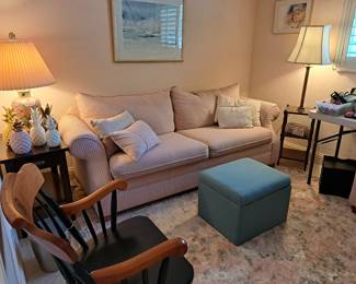 NICE COMFY SOFA, STORAGE STOOLS, LAMPS AREA RUG