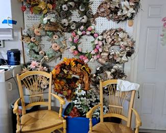 PAIR OF CANE SEAT CHAIRS, LOTS OF WREATHS FOR ANY SEASON