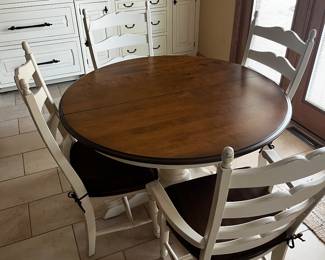 FINE DINING TABLE WITH TWO ARM AND TWO SIDE CHAIRS WITH ONE LEAF. FROM CAPACCHIO BROTHERS