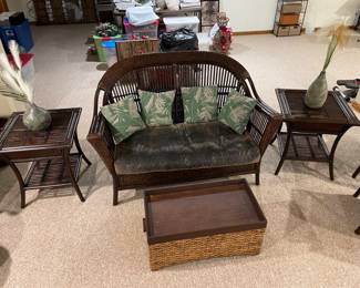 PHOENIX SETTEE AND TWO END TABLES.                           STORAGE OTTOMAN WITH TRAY TOP