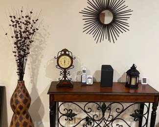 WOOD AND METAL CONSOLE TABLE WITH LOTS OF TREASURES