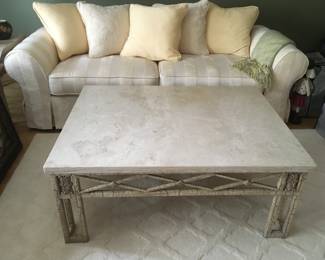 JASMINE TWILL SOFA FROM WALTER E. SMITH AND SQUARE MARBLE AND METAL COFFEE/ COCKTAIL TABLE