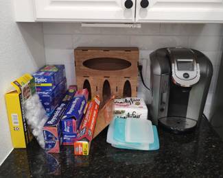 Keurig coffee machine, storage bag organizer, aluminum foil, Ziplock bags