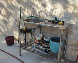 outdoor metal sink, pots, nozzles, lawn sprinkler