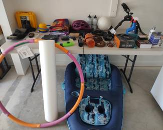 sports & exercise equipment (bike helmet,  toe clips,  beach towels, volleyball, pedal exerciser, snorkels, weighted exercise hoop, water bottles, hand & foot pump), Bushnell 10 x 42 binoculars, National Geographic Night Vision binoculars, Sport Dog 500 yard remote training collar, dog leashes, misc. pet supplies